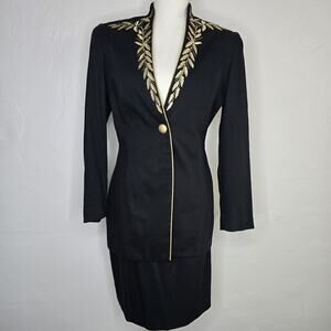 VTG Lew Magram NY Collection Black Gold Embroidered Blazer Skirt Suit Set 6